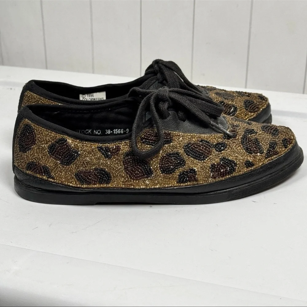 VTG 90s Retro 1996 Beaded Leopard Cheetah Print Shoes Sporty Hipster Sneakers 7M